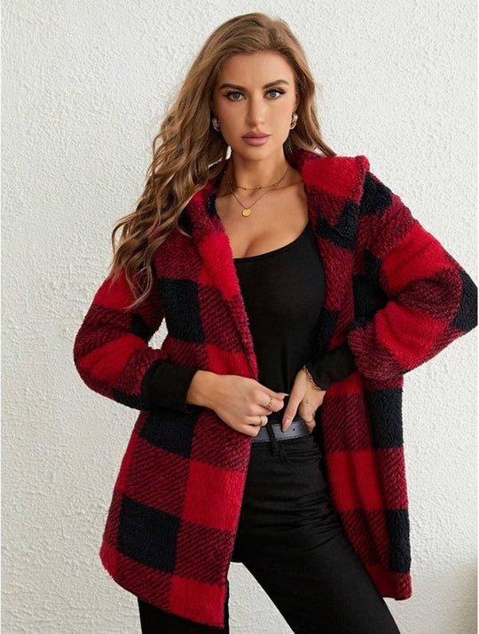 Damen Kuschelige Fleecejacke mit Karomuster und kapuziertem Design R&B