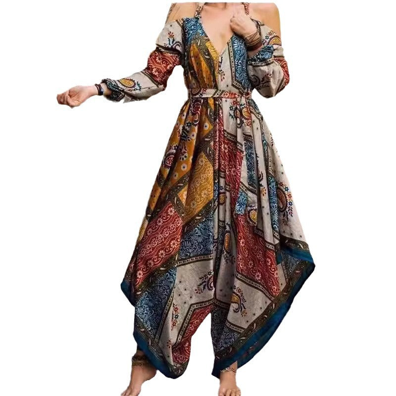 Damen Maxi-Kleid im Boho-Stil mit Cut-Out-Ärmeln und floralen Mustern R&B