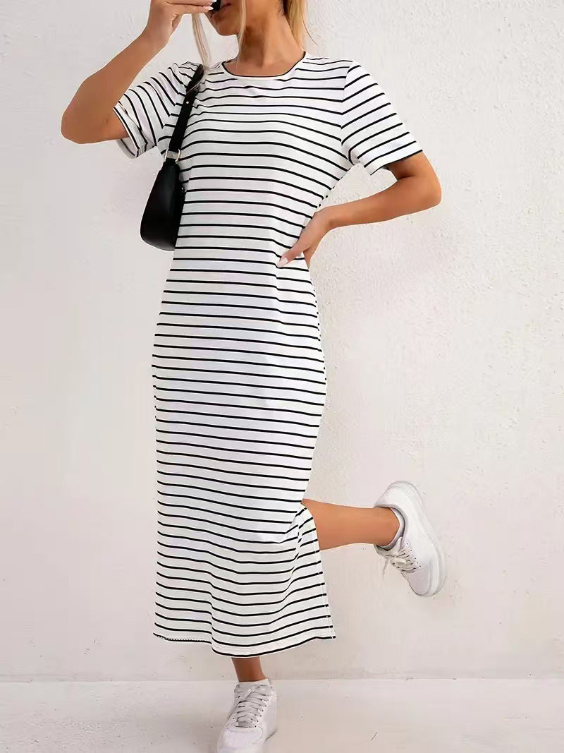 Damen Maxikleid mit seitlichen Schlitzen und gestreiftem Design R&B