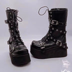 Damen Plateau-Stiefel mit robusten Schnallen und hochwertiger Leder-Oberfläche R&B