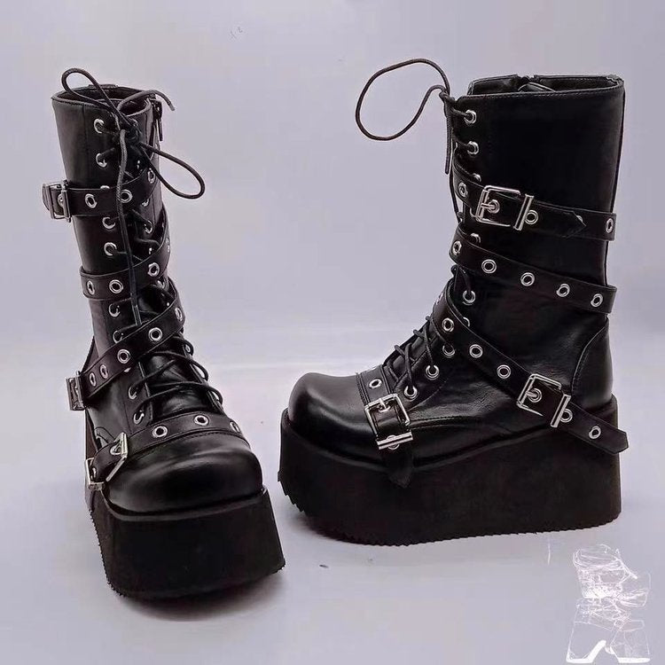 Damen Plateau-Stiefel mit robusten Schnallen und hochwertiger Leder-Oberfläche R&B