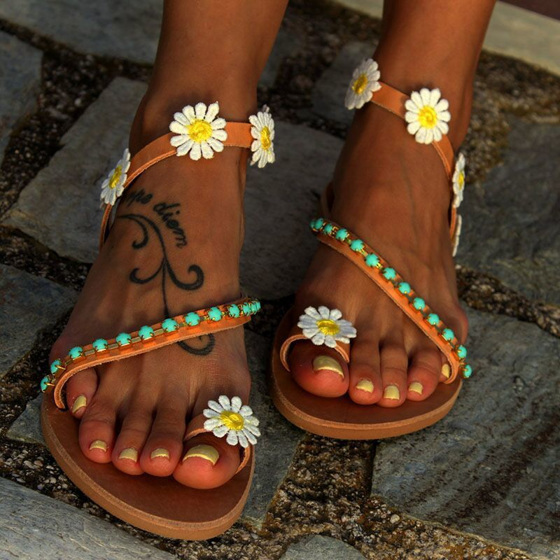 Damen Bunt verzierte Zehentrenner-Sandalen mit floralen Details und bequemer Sohle R&B