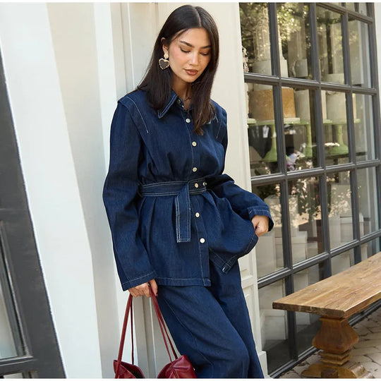 Damen modischer Jeansmantel mit tailliertem Gürtel R&B