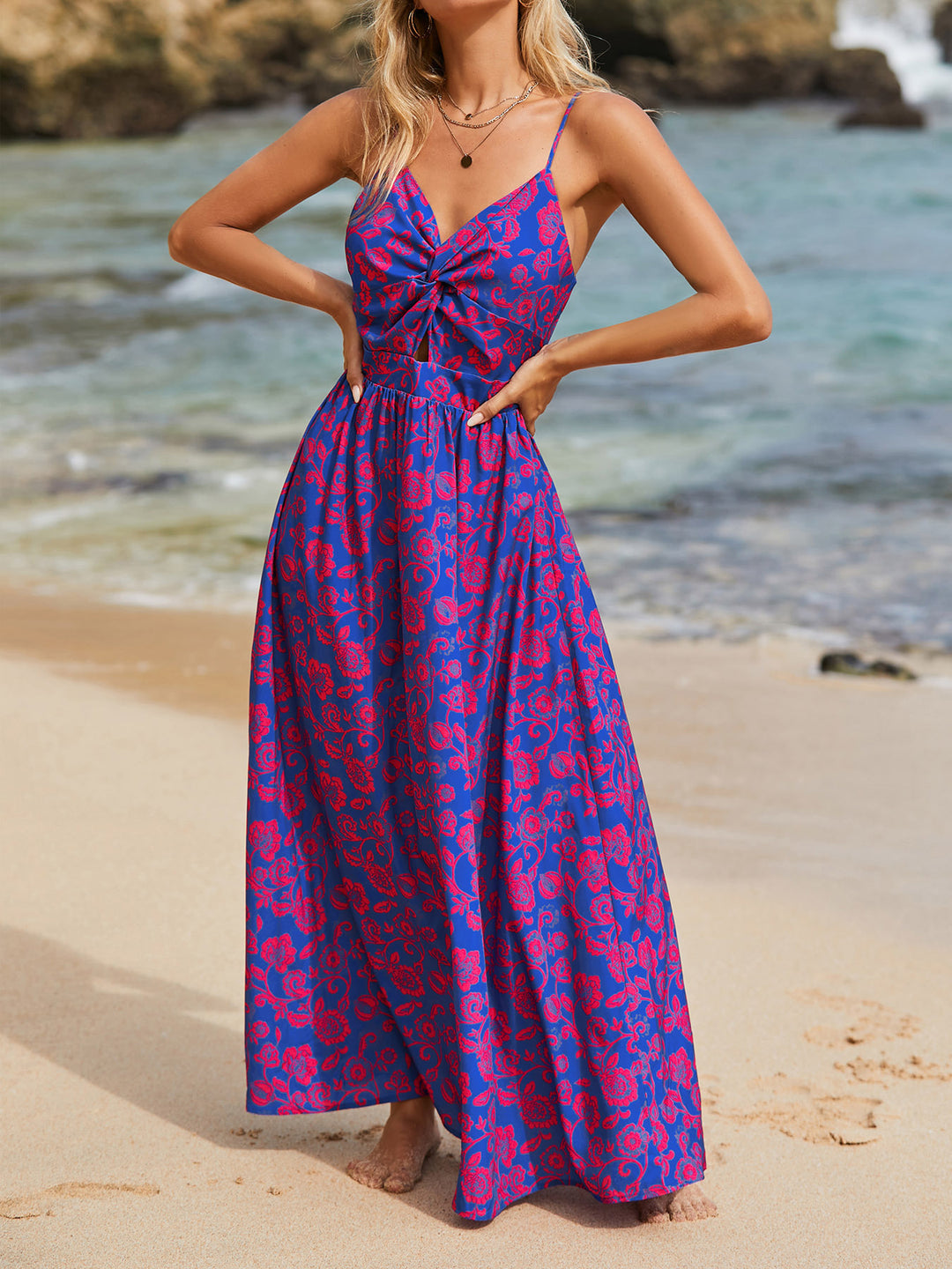 Damen Maxikleid mit raffiniertem Knotendesign und floralem Muster R&B