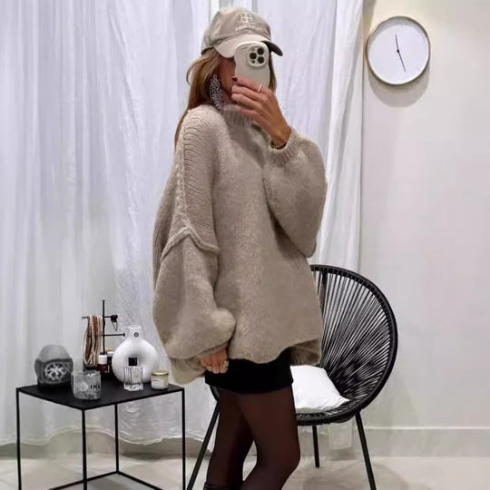 Damen kuscheliger Oversize-Pullover mit weiten Ärmeln und strukturiertem Strick R&B