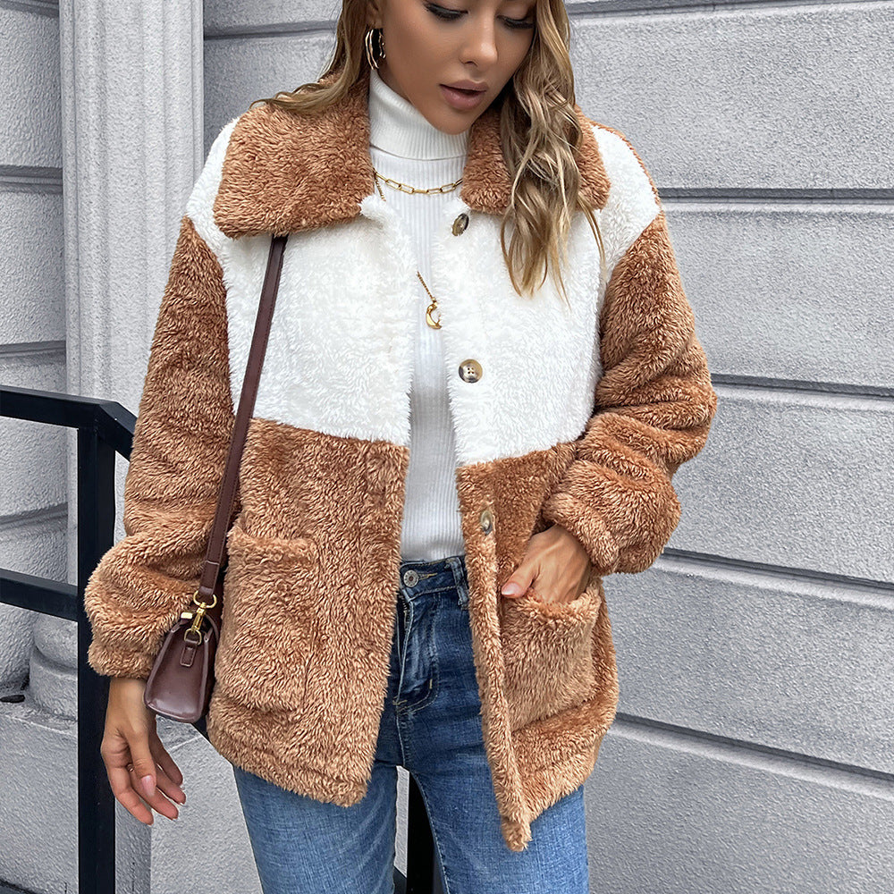 Damen Kunstfelljacke mit praktischen Taschen und modischem Farbblockdesign R&B