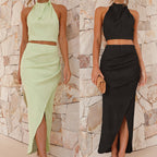 Damen Set aus Crop-Top und Hochgeschlitzt Maxirock R&B