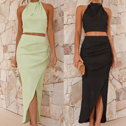 Damen Set aus Crop-Top und Hochgeschlitzt Maxirock R&B