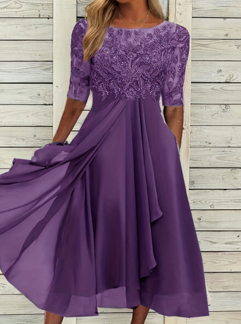 Damen nan elegantes Cocktailkleid mit bestickter Korsage, U-Boot-Ausschnitt und fließendem Chiffonrock R&B