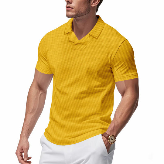 Herren nan strukturiertes Kurzarm-Polo mit offenem V-Kragen und körpernaher Passform R&B