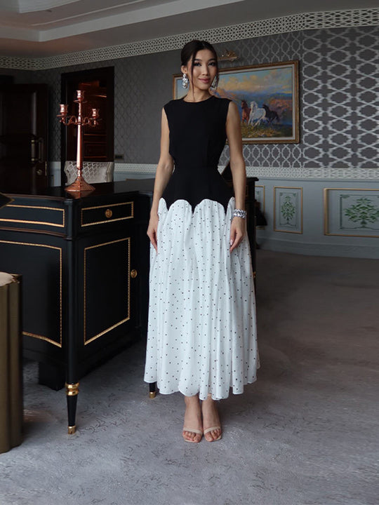 Damen elegantes Maxikleid mit gepunktetem Rockteil und tailliertem Oberteil R&B