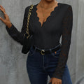 Damen Spitze Bodysuit mit V-Ausschnitt und langen Ärmeln R&B