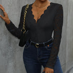 Damen Spitze Bodysuit mit V-Ausschnitt und langen Ärmeln R&B