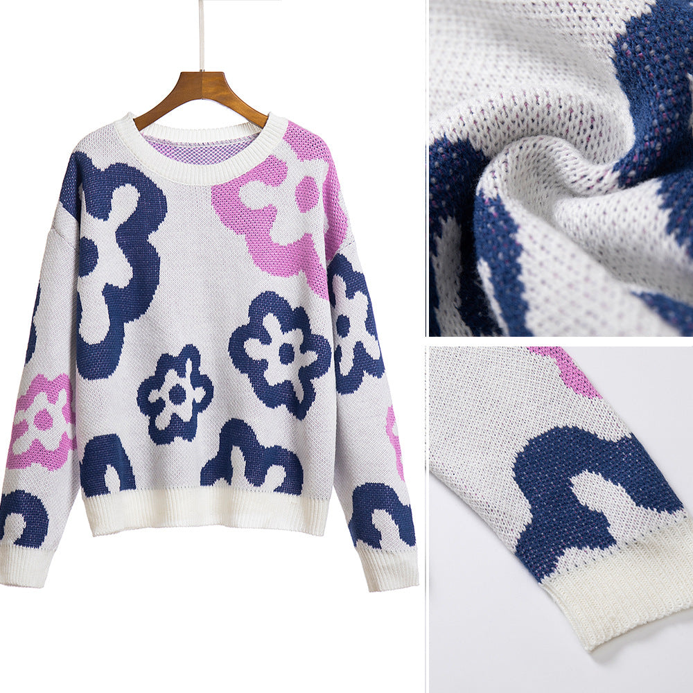 Damen Gemusterter Strickpullover mit floralen Motiven und lässigem Schnitt R&B