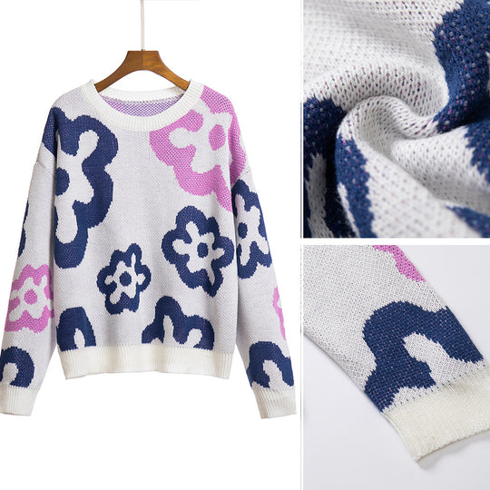 Damen Gemusterter Strickpullover mit floralen Motiven und lässigem Schnitt R&B