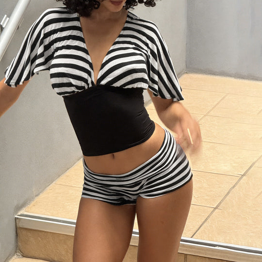 Damen Biquini-Set mit voluminösen Ärmeln und gestreiftem Design R&B
