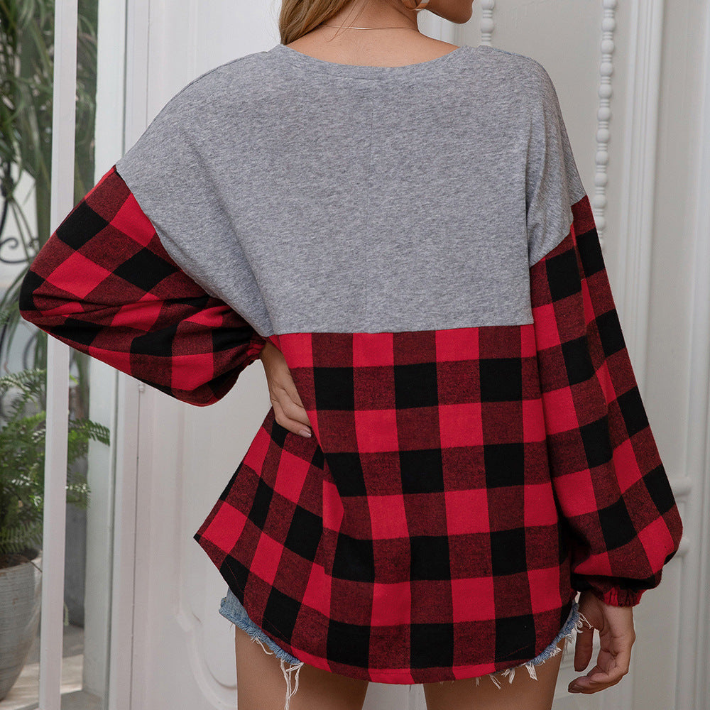 Damen lässiger Oversized Pullover mit Karomuster und voluminösen Ärmeln R&B
