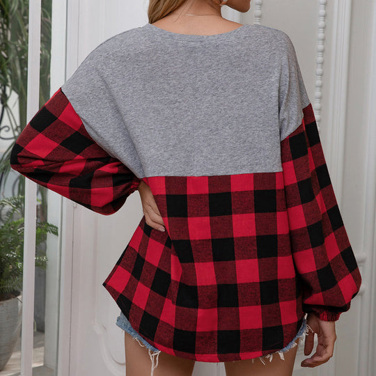 Damen lässiger Oversized Pullover mit Karomuster und voluminösen Ärmeln R&B