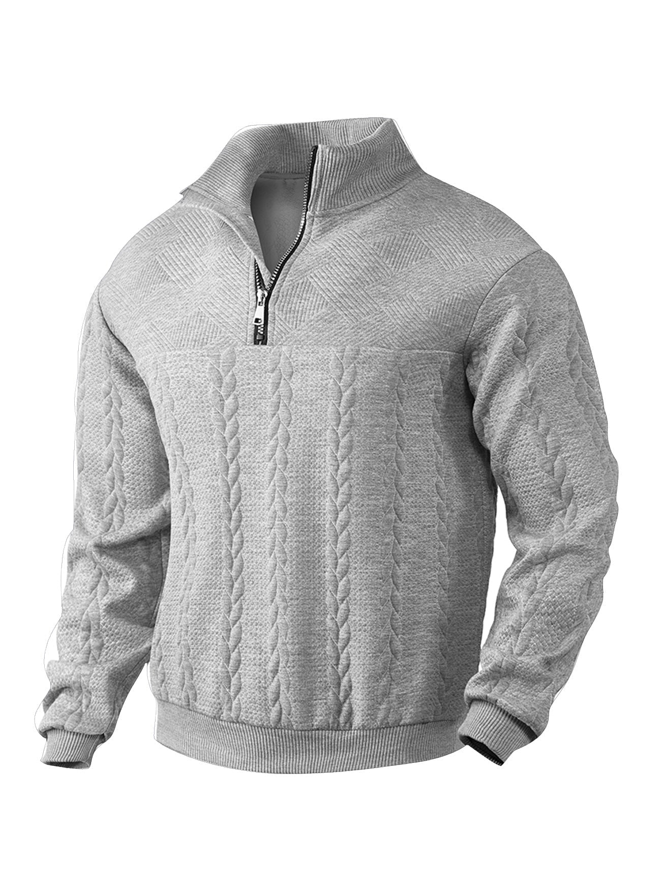 Herren nan texturierter Strickpullover mit Halbzip, geflochtenem Zopfmuster und hohem Stehkragen R&B