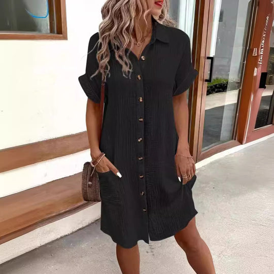 Damen Kurzarm Hemdkleid mit Knopfleiste und praktischen Taschen R&B