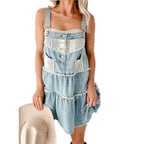 Damen Jeans-Latzkleid mit Spitzenakzenten und fransigem Saum R&B