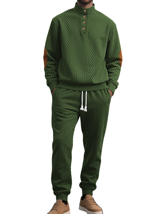 Herren nan strukturiertes Strick-Freizeitset mit Halbknopf-Stehkragen Wildleder-Ellbogenpatches und Kordelbund-Jogger R&B