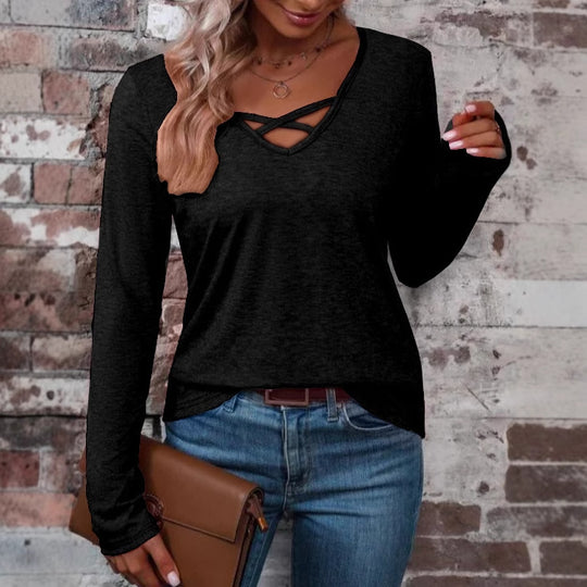 Damen langärmliges Shirt mit Kreuz-Ausschnitt R&B