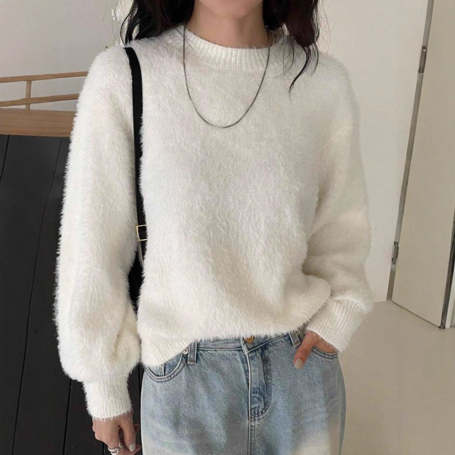Damen Flauschiger Modischer Pullover mit weitem Schnitt