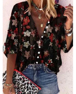 Damen Transparente Bluse mit floralen Stickereien und übergroßem Schnitt R&B