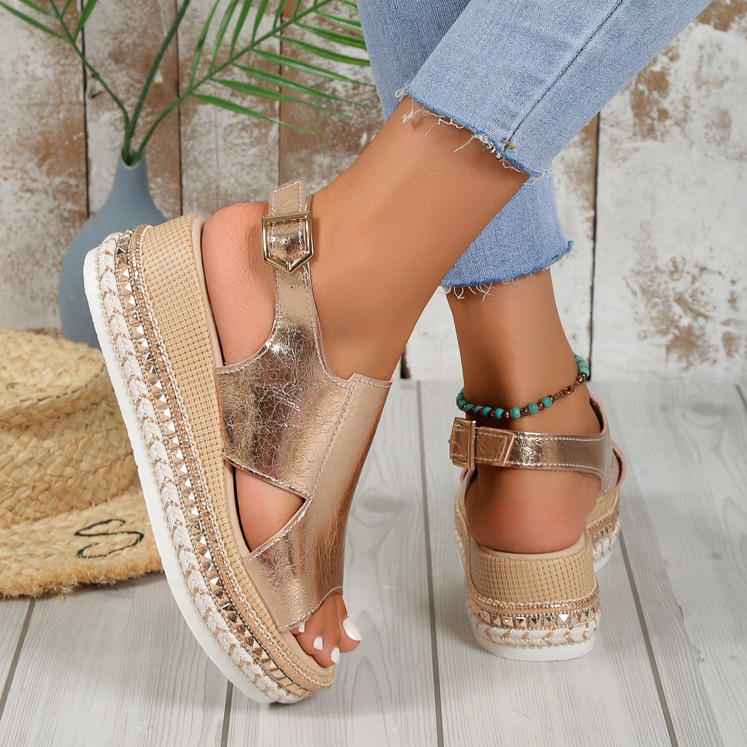Damen nan Plateau-Sandalette aus geprägtem Kunstleder mit geflochtener Espadrille-Sohle und verstellbarem Fersenverschluss R&B