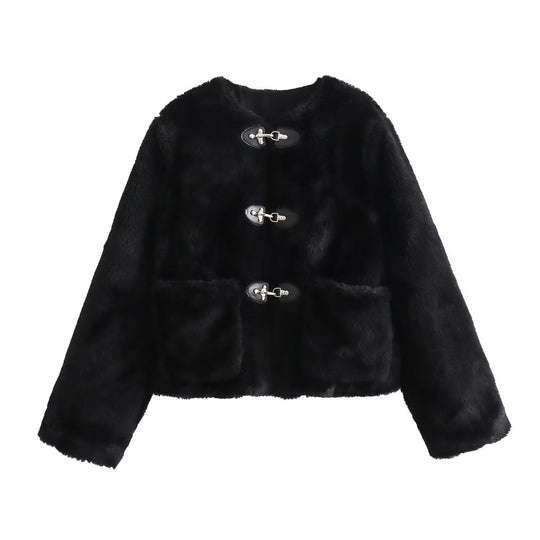 Damen kuschelige Fleecejacke mit dekorativen Knöpfen R&B