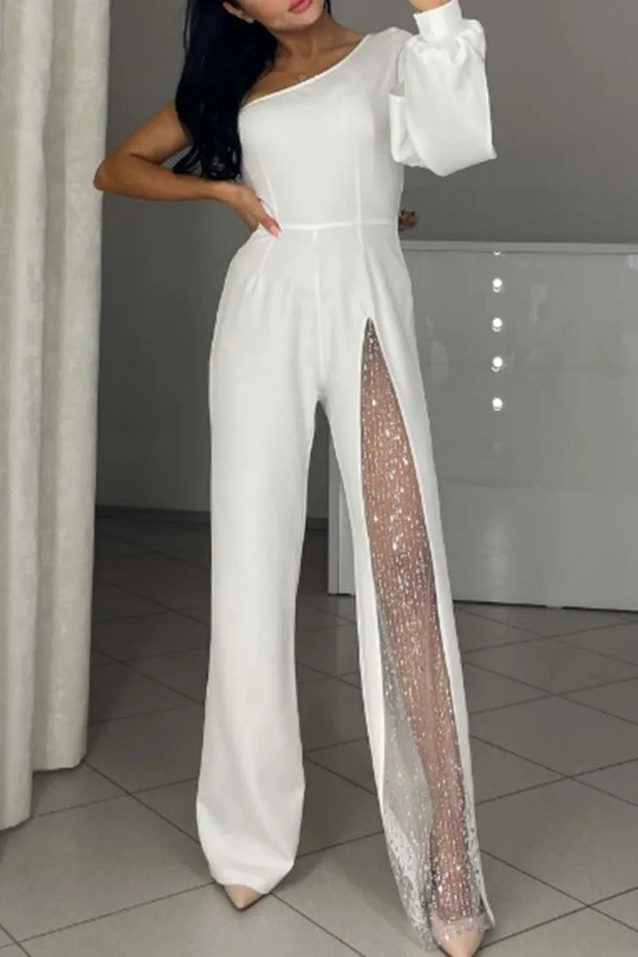 Damen Eleganter Jumpsuit mit transparenten Einsätzen und Pailletten R&B