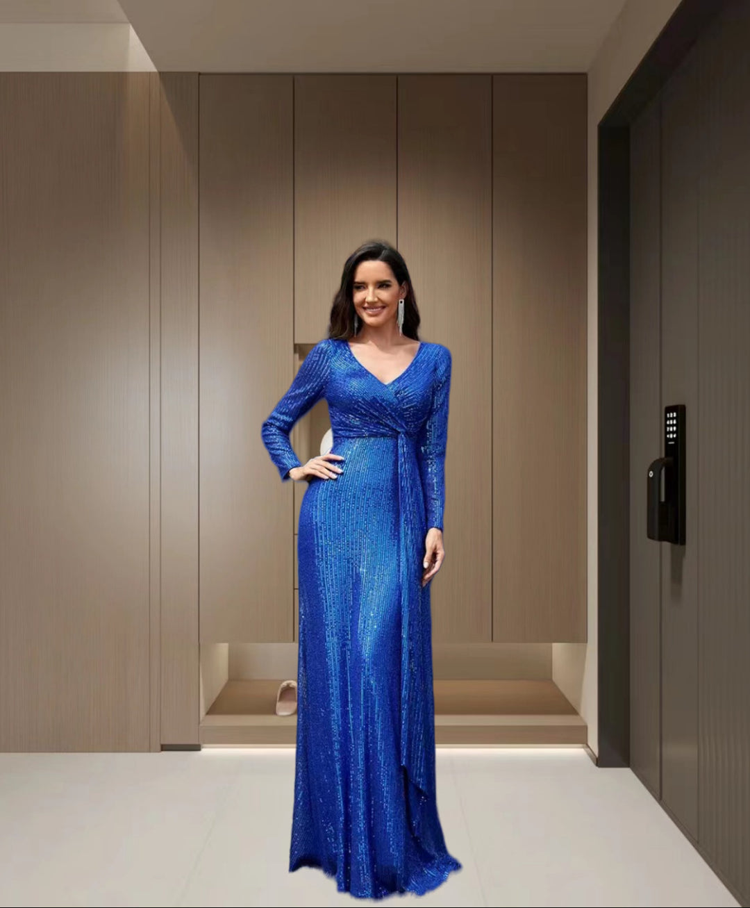 Damen Elegantes Pailletten Abendkleid mit Wickeloptik und langen Ärmeln R&B