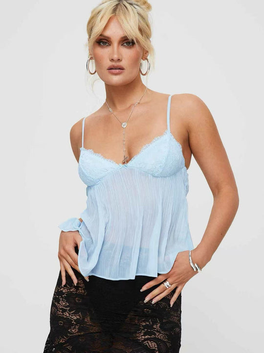 Damen Transparente Plissee-Bluse mit Spitzenapplikationen R&B