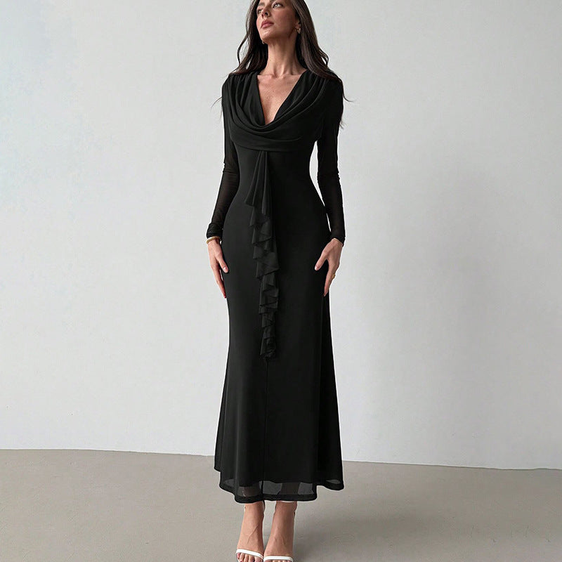 Damen Elegantes Maxikleid mit tiefem V-Ausschnitt und Rüschendetail R&B