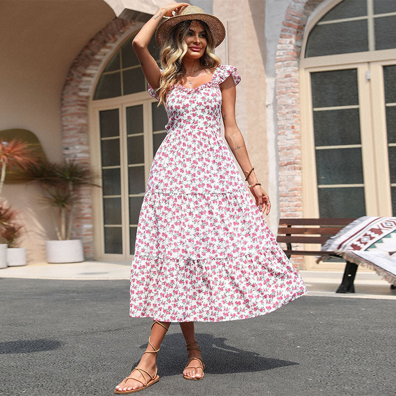 Damen Maxi-Kleid mit romantischen Volantärmeln und floralem Design R&B