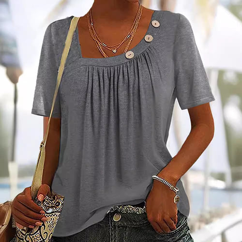 Damen nan locker sitzendes Kurzarmshirt mit quadratischem Ausschnitt, geraffter Brustpartie und Zierknopf-Detail R&B