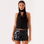 Damen elegantes Top mit tiefem V-Ausschnitt und asymmetrischem Rockdesign R&B