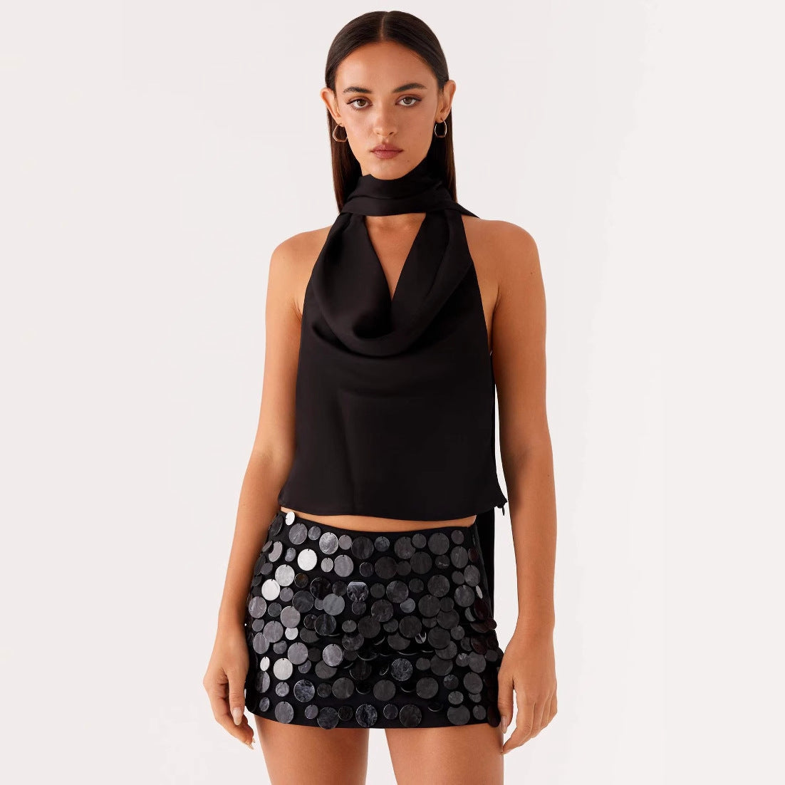 Damen elegantes Top mit tiefem V-Ausschnitt und asymmetrischem Rockdesign R&B