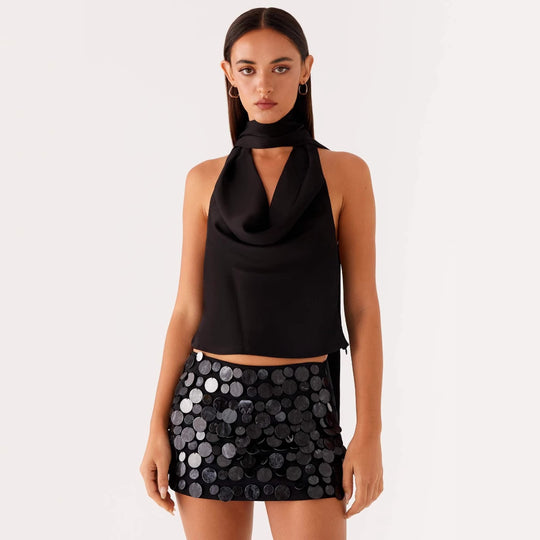 Damen elegantes Top mit tiefem V-Ausschnitt und asymmetrischem Rockdesign R&B