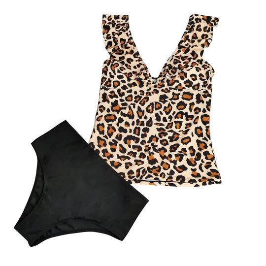Damen Eleganter Badeanzug mit Leopardenmuster und Rüschendetails R&B