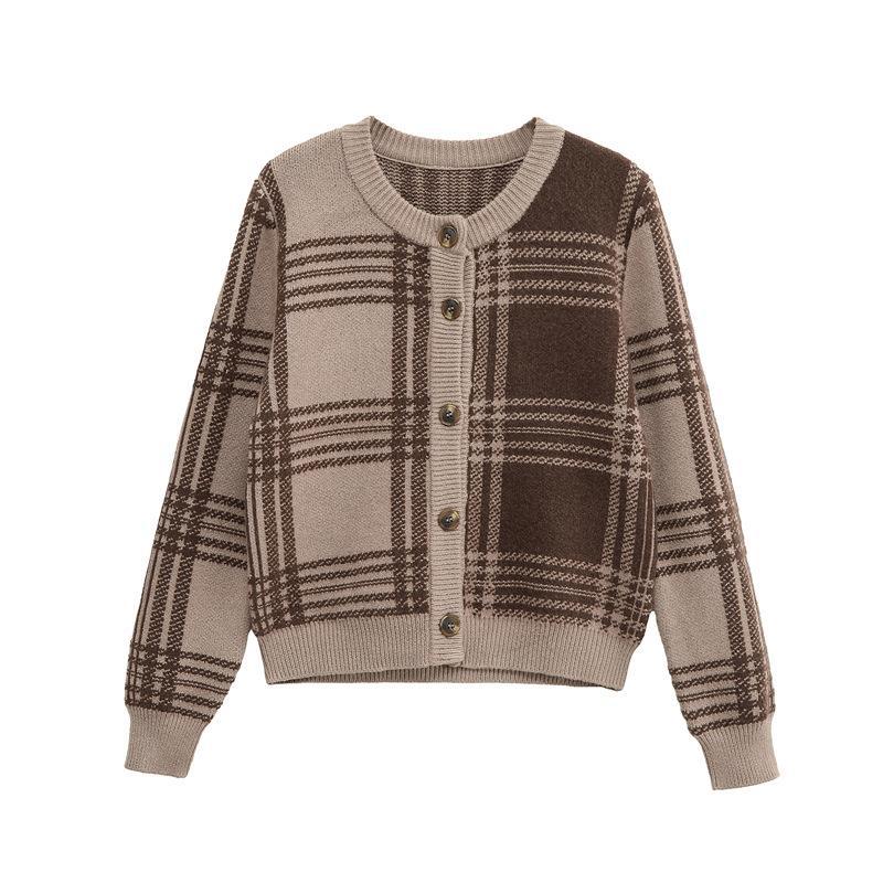 Damen Karierte Strickjacke mit Knopfverschluss und gerafften Ärmeln R&B