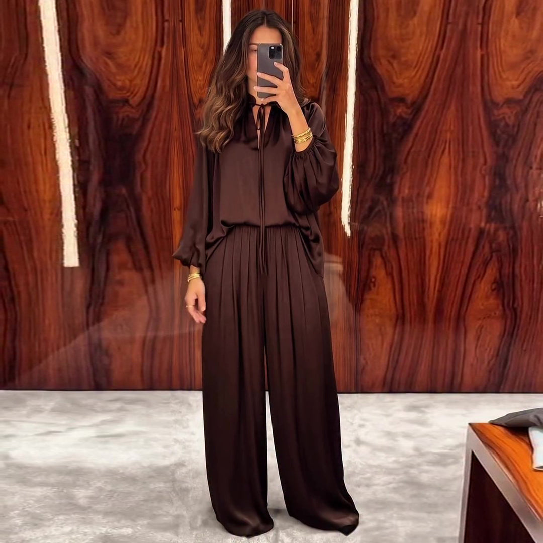 Damen elegantes Zweiteiler Set aus fließendem Material mit raffinierten Falten und weitem Schnitt R&B