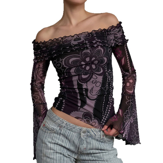 Damen Off-Shoulder Oberteil mit voluminösen Ärmeln und floralem Muster R&B