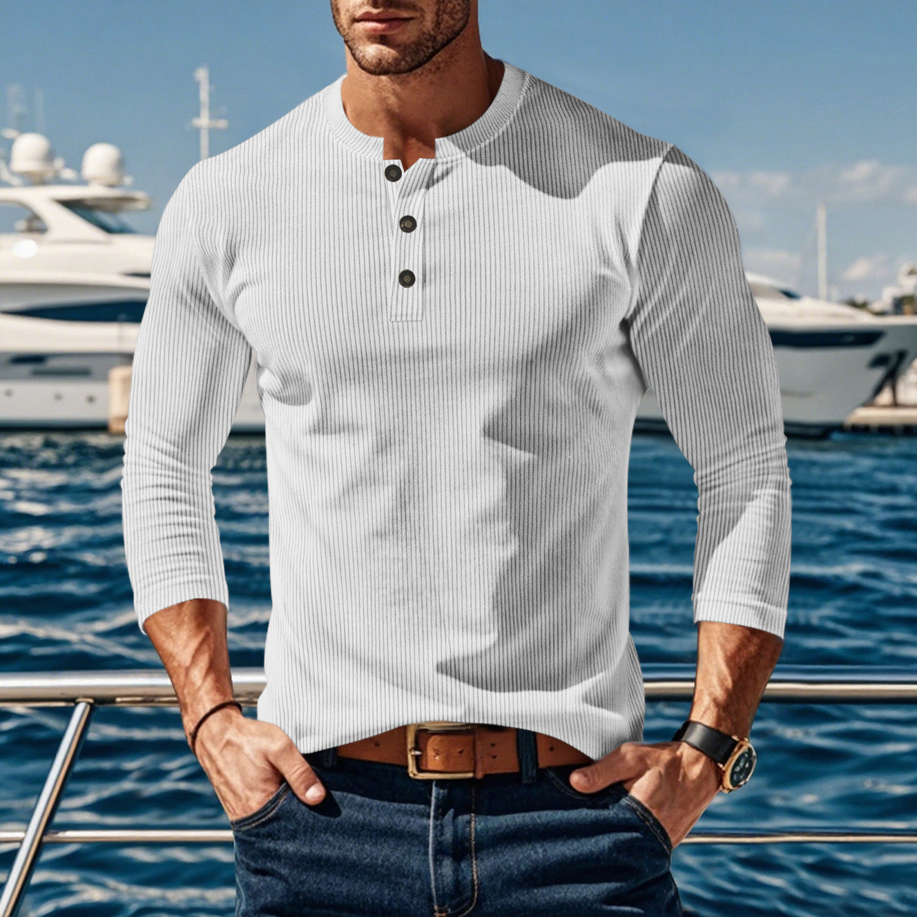 Herren Langarmshirt mit modischer Stehkragen und Knopfleiste R&B