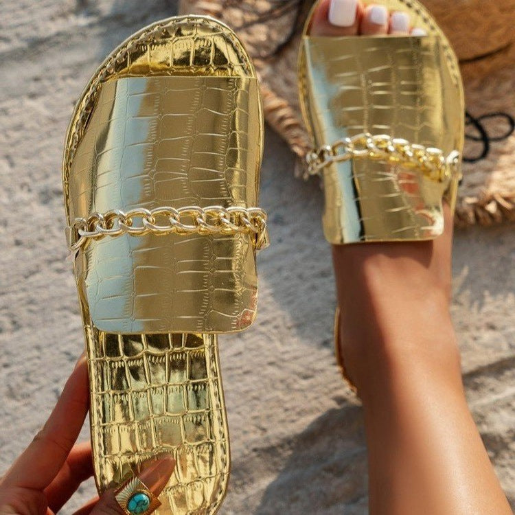 Damen elegante Riemchensandalen mit goldener Kettenverzierung R&B