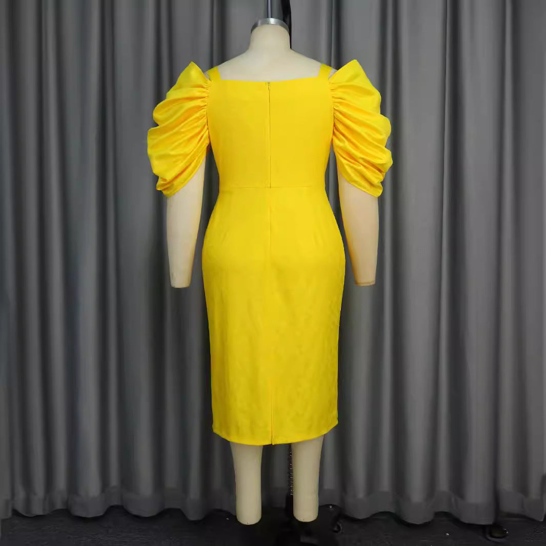 Damen figurumspielendes Kleid mit voluminösen Puffärmeln und Taillengürtel R&B