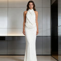 Damen Elegantes und fließendes Abendkleid mit hohem Kragen R&B