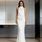 Damen Elegantes und fließendes Abendkleid mit hohem Kragen R&B