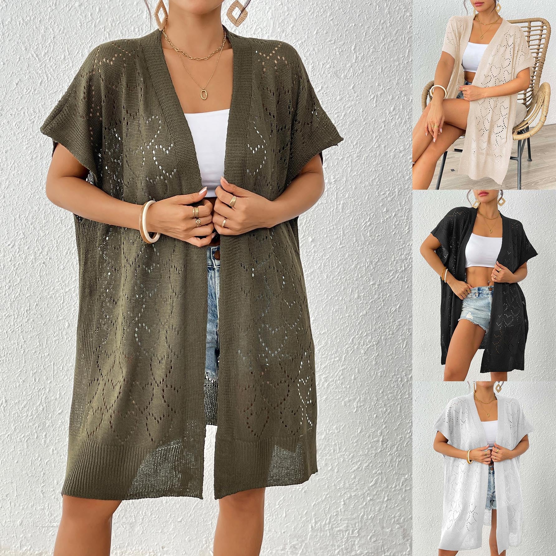 Damen luftiger Strick-Kimono mit floralem Lochmuster R&B